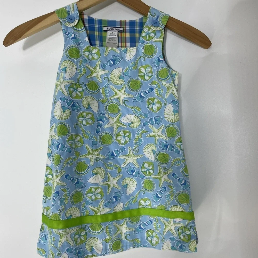 Hartstrings Girls Blue Green Sea Life Starfish Plaid Lined Cotton Dress 4